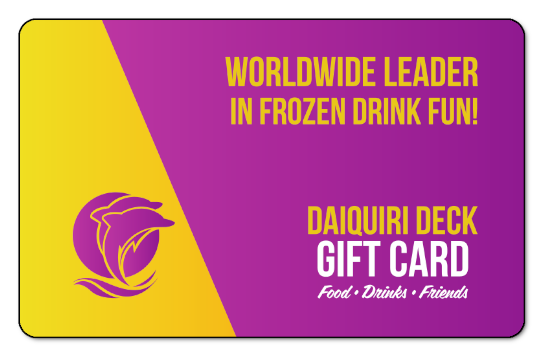 light blue background, two cartoon dolphins leaping out of the water. "Daiquiri Deck" in purple gradient text.