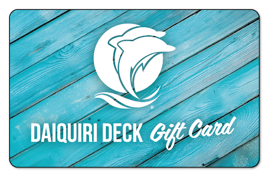 light blue background, two cartoon dolphins leaping out of the water. "Daiquiri Deck" in purple gradient text.